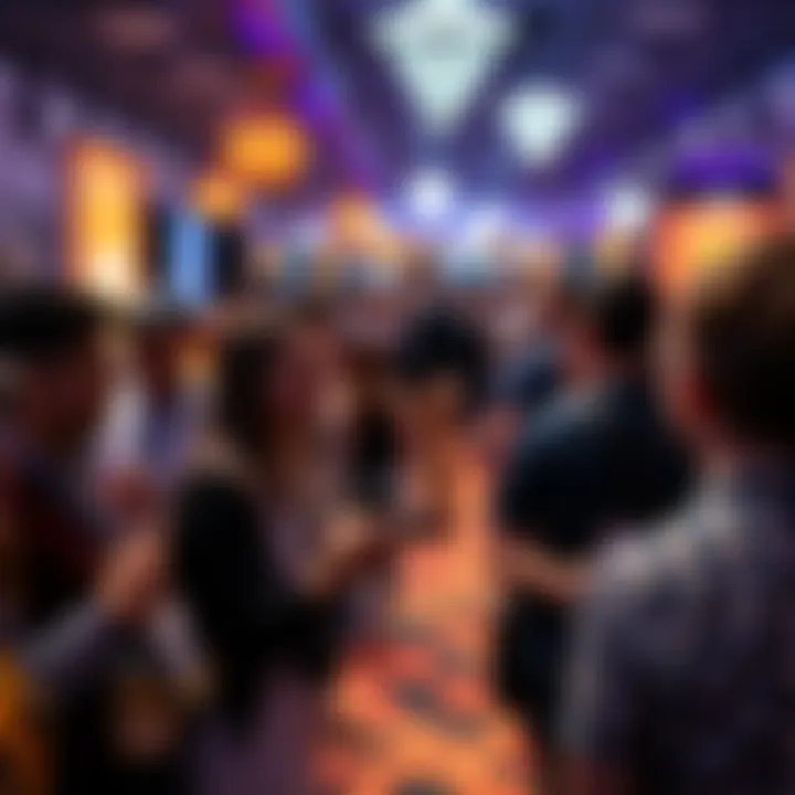 Attendees engage in networking at the BTC Conference in Las Vegas, with speakers and banners in the background.