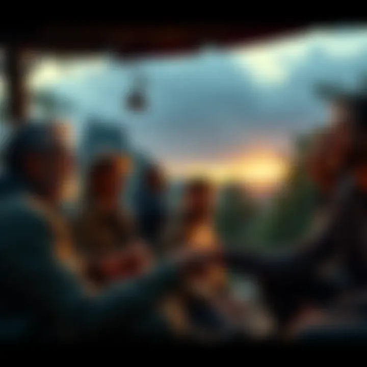 A group of people sharing stories and strategies in a natural setting, discussing cryptocurrency experiences during a gathering.