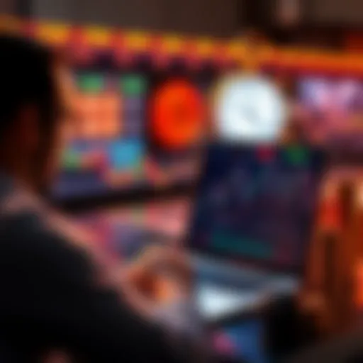 A person looking at graphs of Bitcoin and Ethereum prices on a laptop, with a countdown clock symbolizing urgency, and stacks of coins representing investment opportunities in the background.