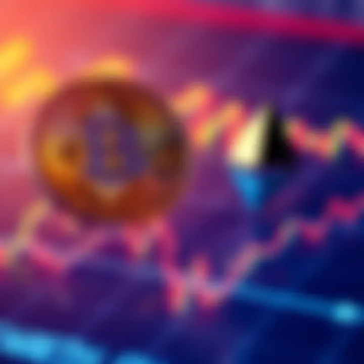 The symbols of Bitcoin and Ethereum on a fluctuating graph background, representing market changes.