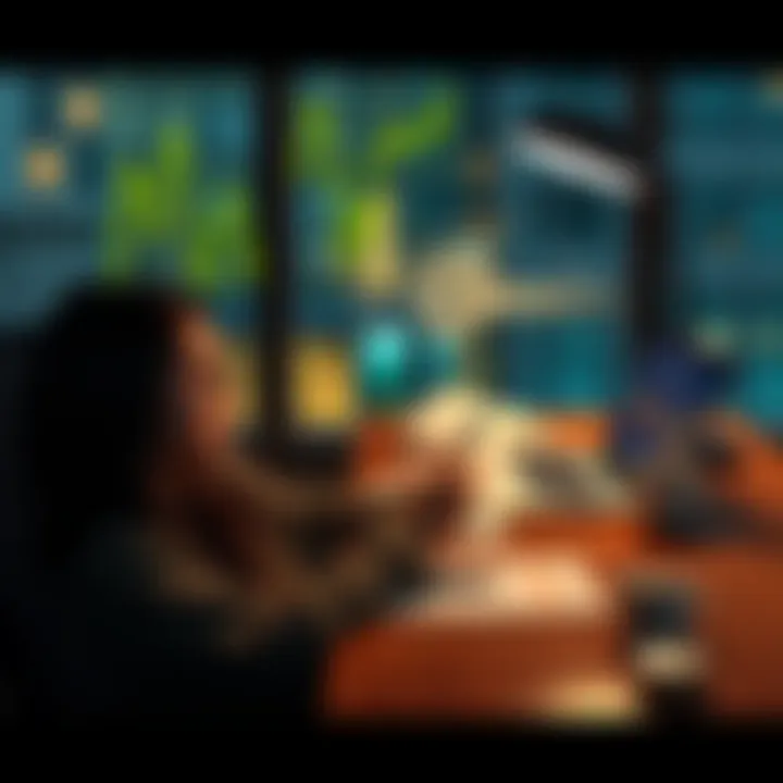 A person sitting at a desk with a laptop, writing down daily Bitcoin investments instead of eating lunch. There's a coffee cup and a small stack of coins on the table to represent financial habits.