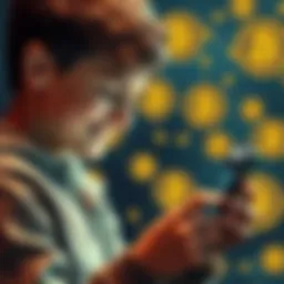 Bitcoin Investment Success A high school student looking at his Bitcoin wallet on a smartphone, smiling as he realizes the value of his investment, with Bitcoin logos in the background.