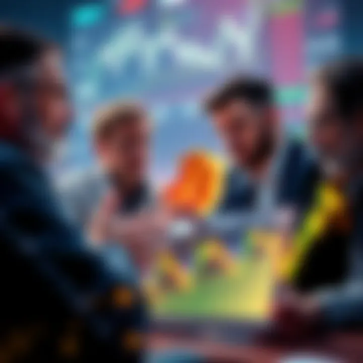 A group of Bitcoin investors discussing their strategies while looking at charts showing price trends, expressing mixed emotions about holding instead of selling at $120K.