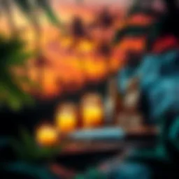 BTC Journey from Jungle to Ocean A vibrant blend of nature showing candles, honey jars, and a knife against a backdrop of jungle and ocean scenery, symbolizing the unique BTC story.