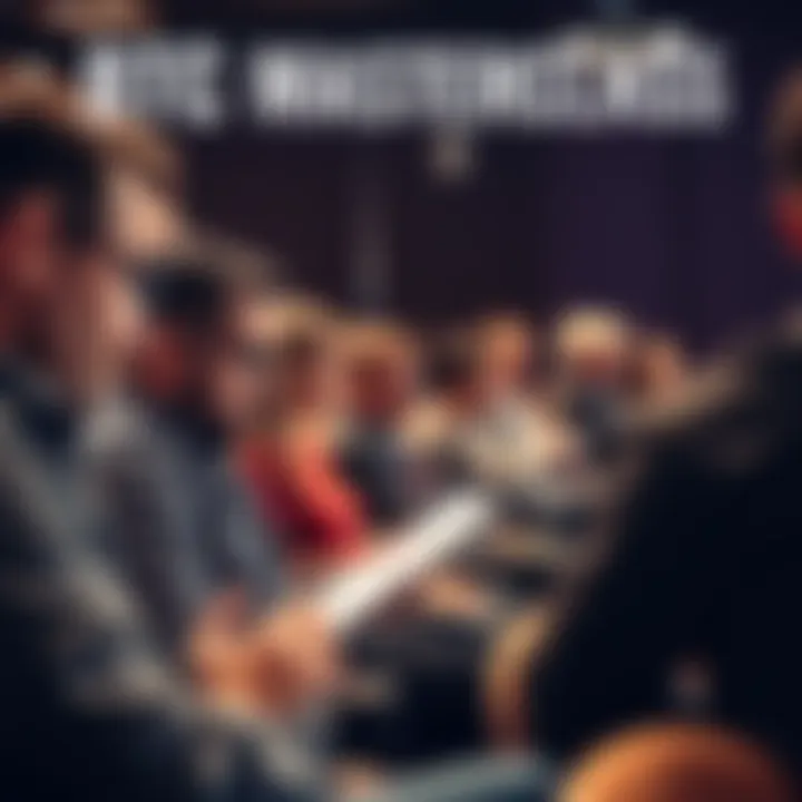 BTC Masterclass A group of people attending a Bitcoin trading masterclass, taking notes and engaging with the BTC coach at a seminar.