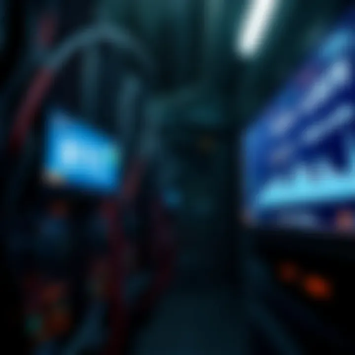 BTC miners struggling with losses A group of Bitcoin mining rigs in a dimly lit facility, showing signs of wear. The prices of BTC are displayed on a screen, indicating a downward trend.