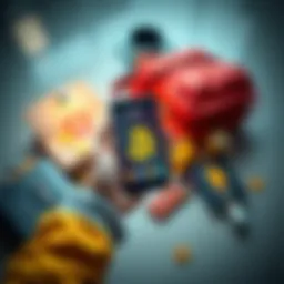 A person holding a smartphone showing a Bitcoin wallet app, surrounded by travel essentials like a passport and suitcase, symbolizing secure Bitcoin storage while traveling.