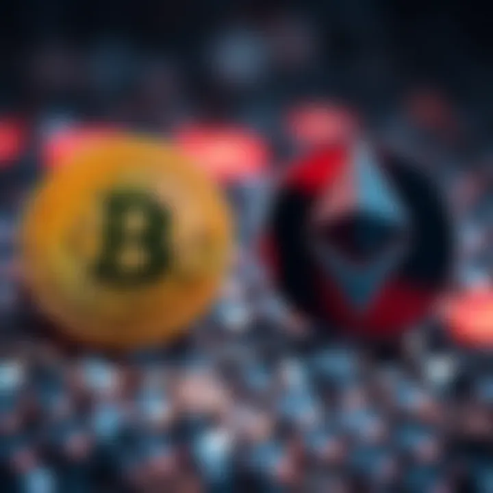 A visual comparison of Bitcoin and Ethereum symbols, highlighting investment choices in the cryptocurrency market.