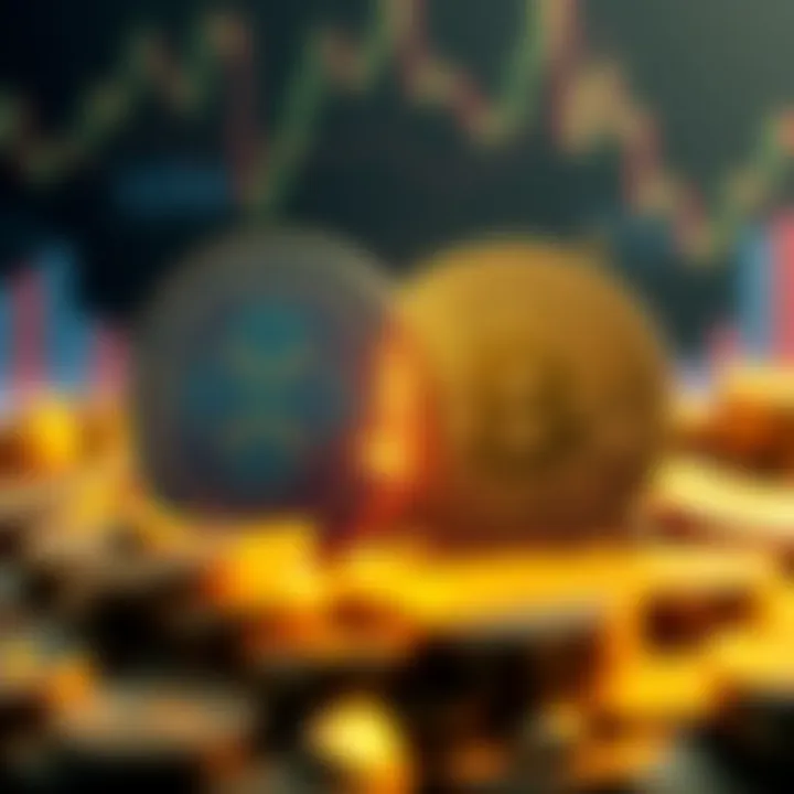 A split image showing Bitcoin on one side with gold coins and XRP on the other with a digital finance theme