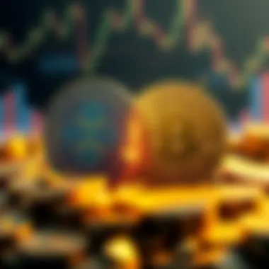 Bitcoin vs XRP rivalry A split image showing Bitcoin on one side with gold coins and XRP on the other with a digital finance theme