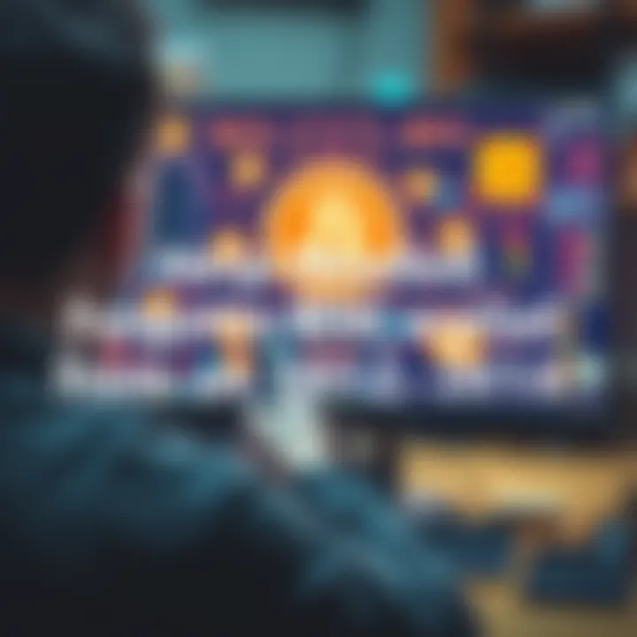A person looking at a computer screen with cryptographic symbols and Bitcoin logos, trying to recover an old wallet from 2012-2014.