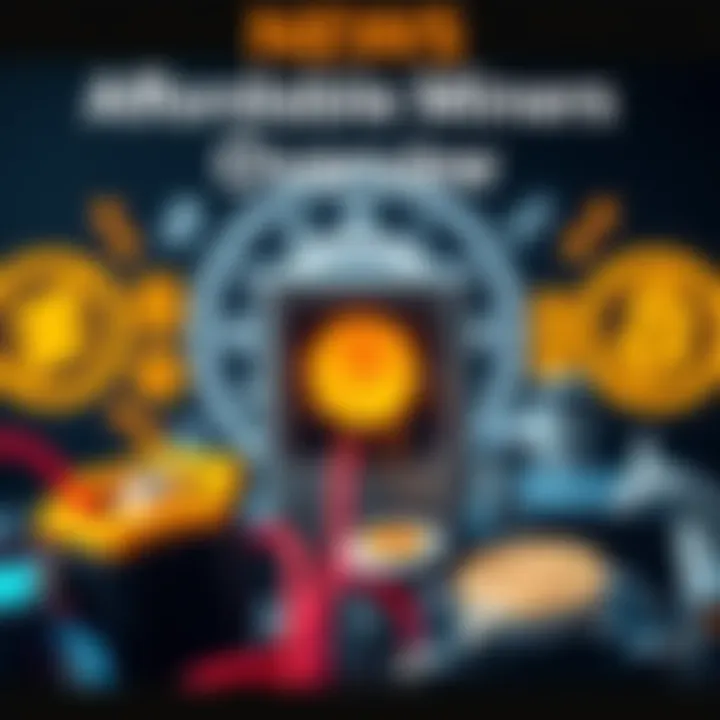 Affordable Miners Overview A close-up of various budget-friendly cryptocurrency miners, highlighting the Mini Doge 3, set against a backdrop of energy-efficient symbols.