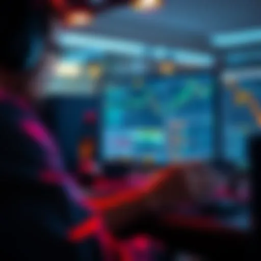 A developer working on a digital finance application, with computer code and graphs on the screen.