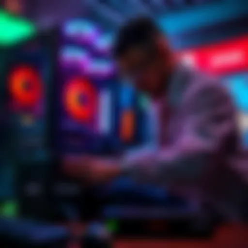 A person assembling a gaming PC with AMD Ryzen 7 processor and Radeon graphics card