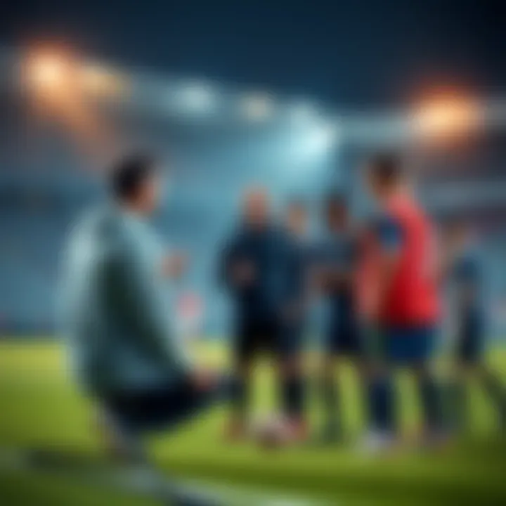 Building a Sports Team on a Budget A coach discussing strategies with young players on a football field, focused on teamwork and skill development.