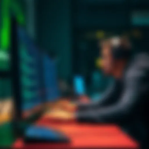 A developer working on a computer, creating decentralized applications using GCScript and the Universal Dapp Connector in the Cardano community.