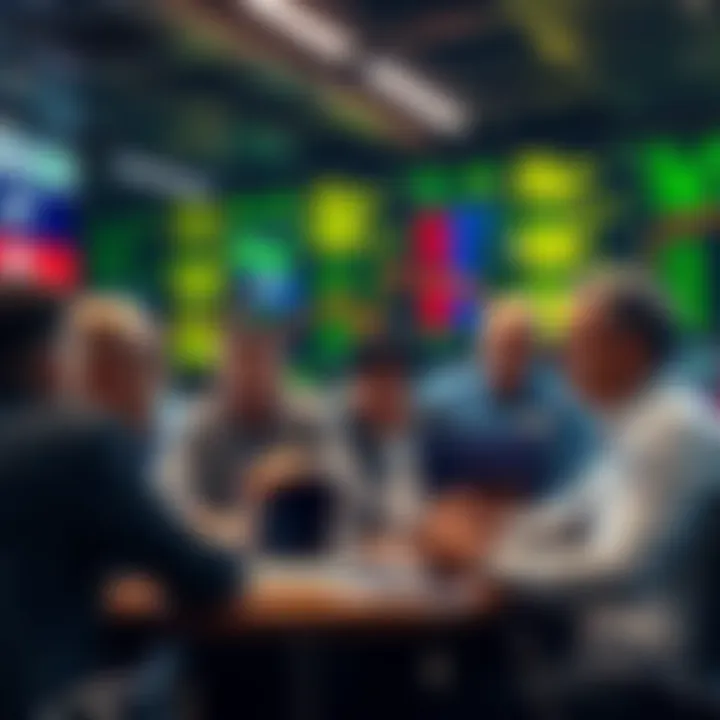A group of investors discussing stock market trends, showing signs of hope and positivity during a meeting.