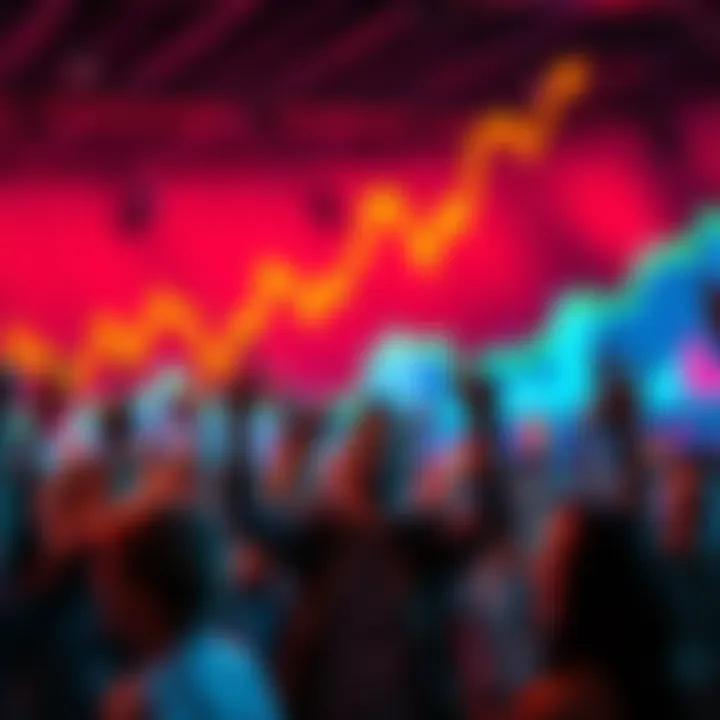 A group of excited investors celebrating a bull market rally, with financial graphs showing upward trends in the background.