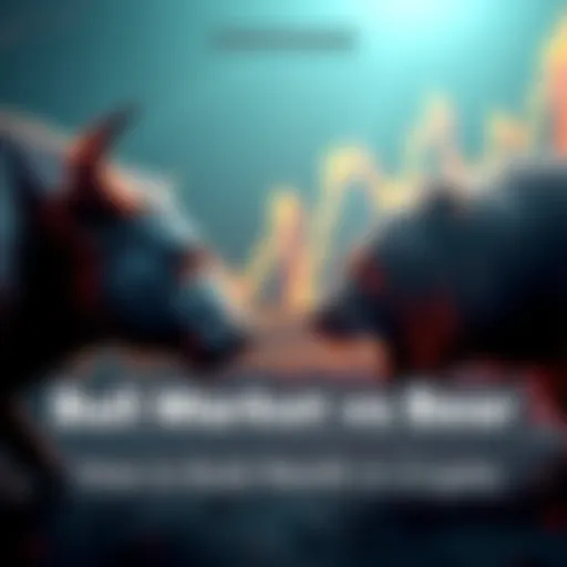 Graphic showing a bull and a bear representing crypto market trends, with a rising and falling graph in the background.