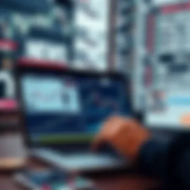 A person analyzing cryptocurrency market trends on a laptop with charts and graphs displayed, set against a backdrop of financial news headlines, symbolizing the current macroeconomic climate.