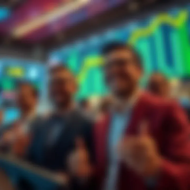 Traders celebrating a sudden rise in market sentiment with smiles and upward graphs in the background.