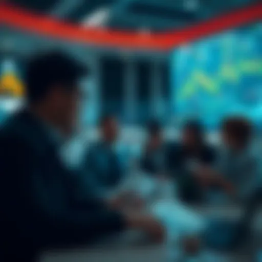 People discussing positive market trends with graphs and charts