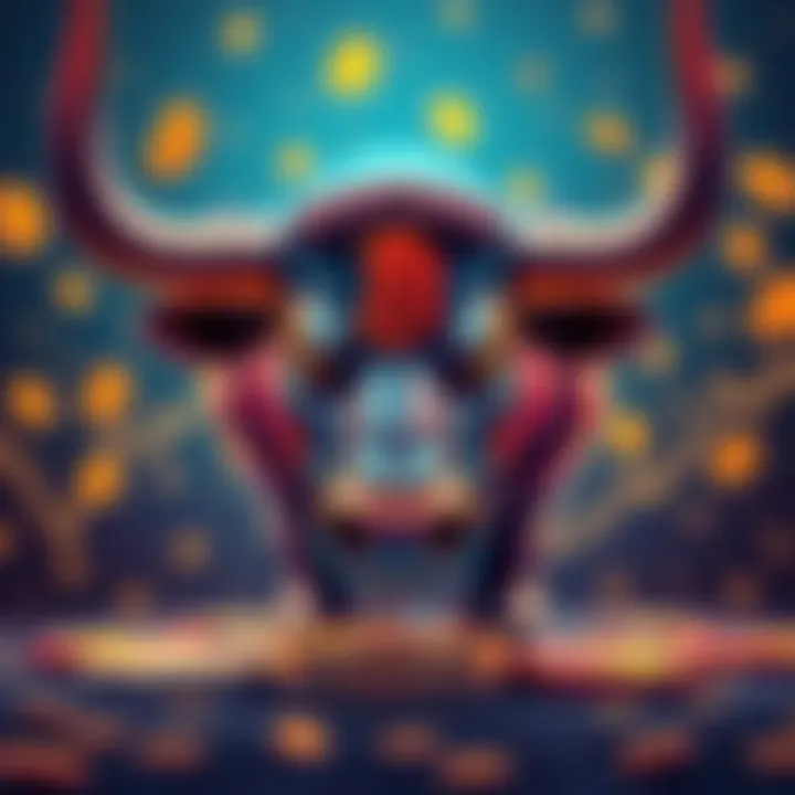 Illustration of a bull with cryptocurrency symbols in the background, representing positive market predictions for 2026.