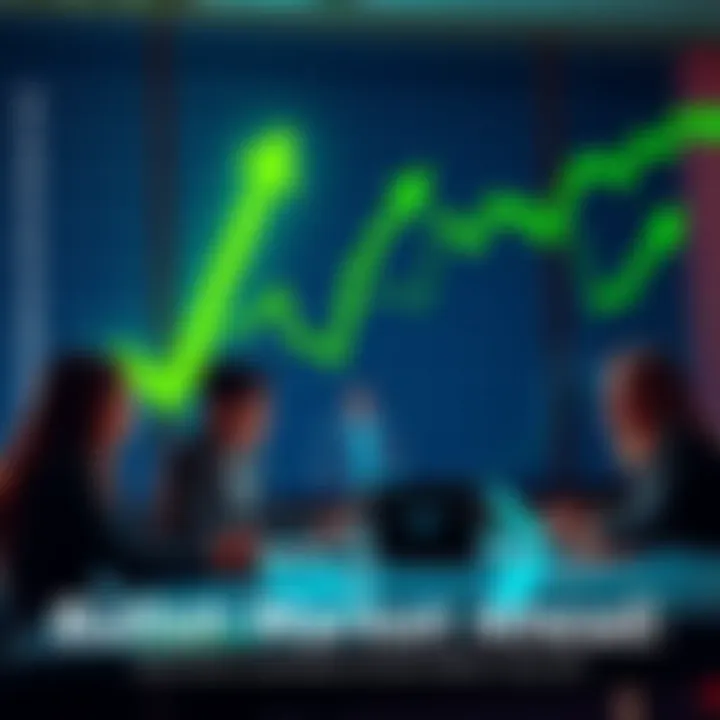 A stock market chart showing an upward trend with green arrows, symbolizing positive market sentiment. People are discussing around a table with technology devices.