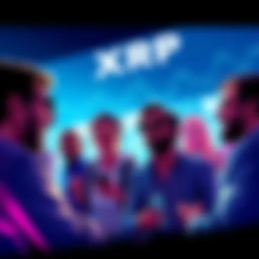 Group of people discussing cryptocurrency trends with XRP in focus, showing excitement and optimism for the future.
