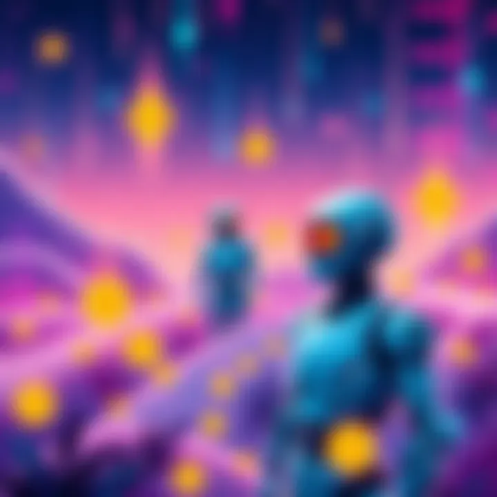 An illustration featuring a futuristic digital landscape with cryptocurrency symbols and a chatbot, symbolizing the search for trustworthy bundler bots.