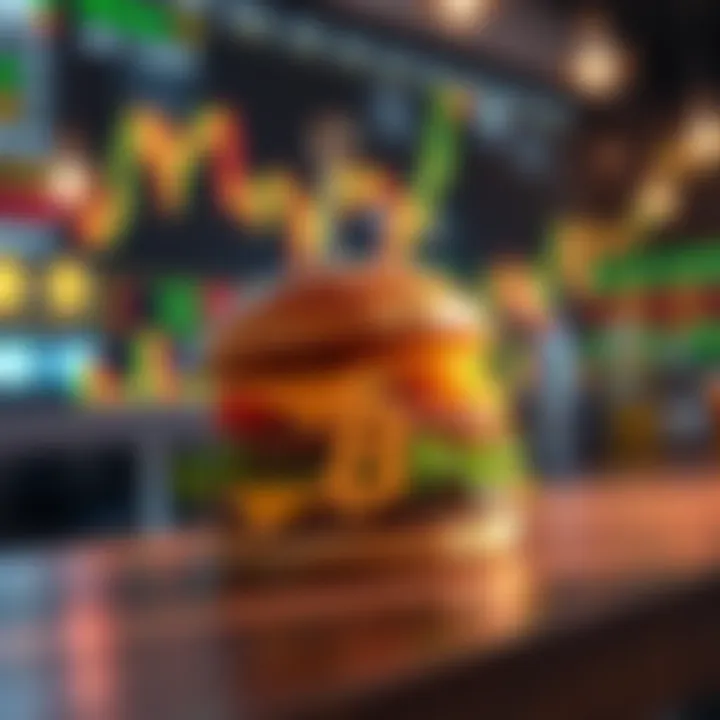 A burger on a table with a Bitcoin symbol and a stock chart showing Nvidia's performance in the background.