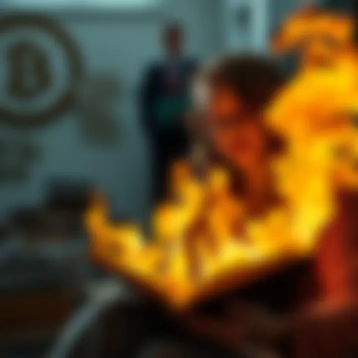 A woman burns books while a man watches in despair, representing lost Bitcoin.