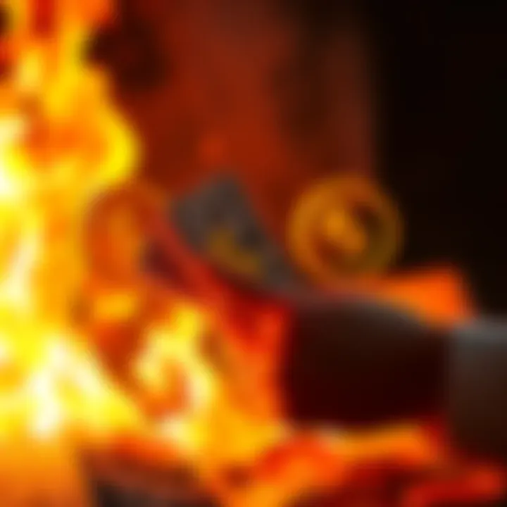 Burning money with Dogecoin symbols A person holding cash while flames surround Dogecoin logos, representing risky investments in cryptocurrency.