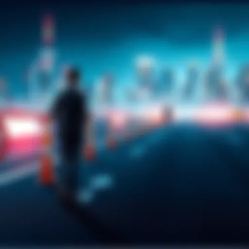 A business person standing at a starting line ready to enter the market, symbolizing the advantage of being early to market.