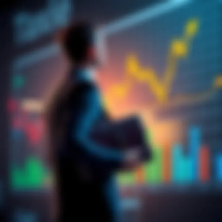 A businessman in a suit holding a briefcase, looking towards a graph showing market trends, symbolizing a potential company sale.