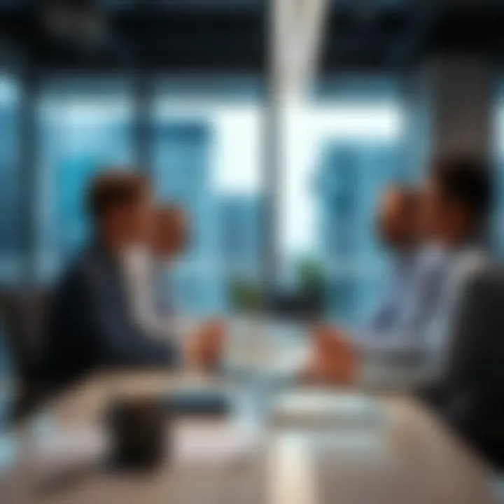 A business team discusses strategies and acquisitions for growth in a modern office setting.