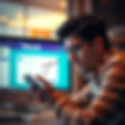 A stressed business owner looking at a computer screen showing a frozen account, with a phone in hand making a complaint call.