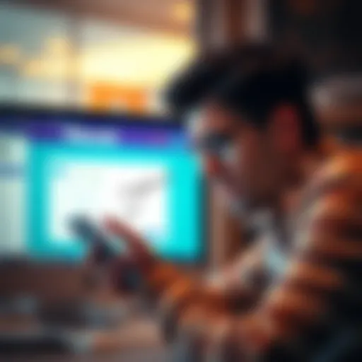 A stressed business owner looking at a computer screen showing a frozen account, with a phone in hand making a complaint call.
