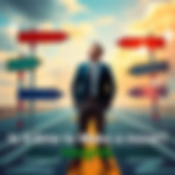 A business person stands at a crossroads, contemplating their next decision with a thoughtful expression, surrounded by signs pointing in different directions.