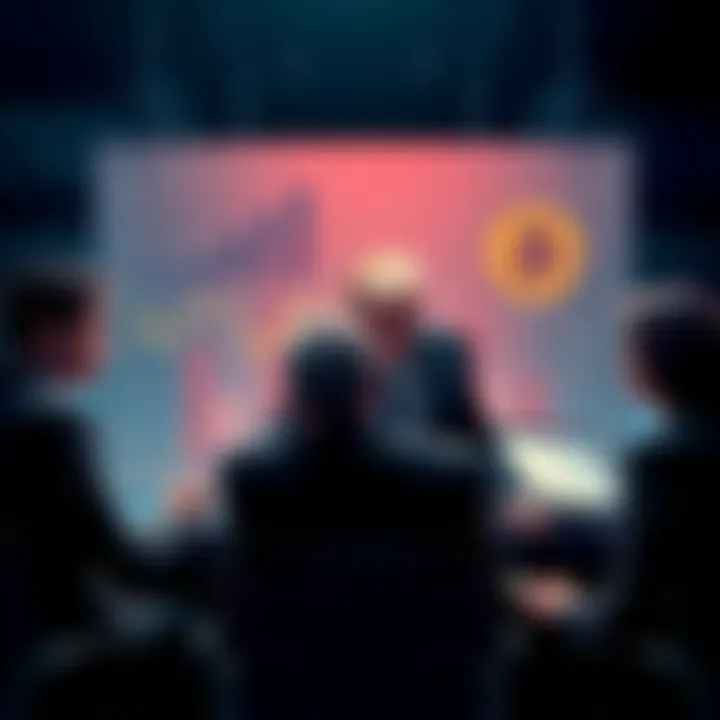 A worried business team discussing strategy failures related to BTC treasury model with charts showing losses, while a shadowy figure resembling Eric Trump watches over them.