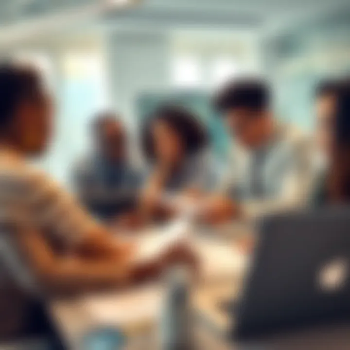 Business Success A diverse group of people collaborating over financial plans and strategies at a modern office desk filled with charts and laptops.