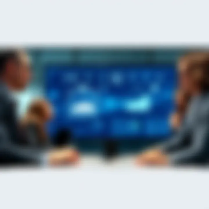 A diverse team of business professionals discussing blockchain solutions with digital graphics on a screen showing transaction speeds and cost savings.