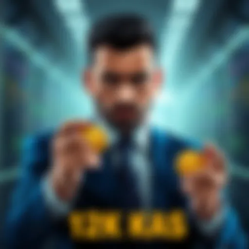 Man in a suit holding KAS coins with a look of determination on his face, symbolizing his investment in the crypto market.