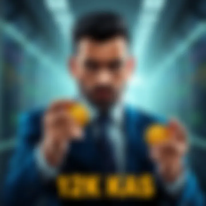 Man in a suit holding KAS coins with a look of determination on his face, symbolizing his investment in the crypto market.
