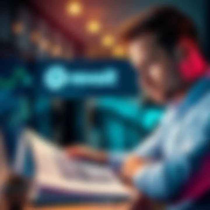 A businessman reviewing financial documents with a Revolut logo on a screen