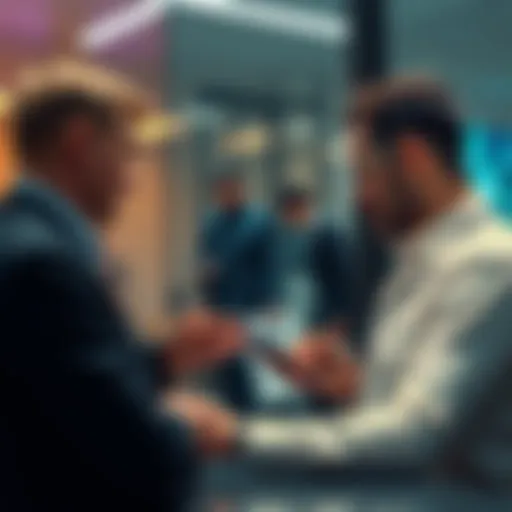 A businessman accepting USDC stablecoin payments on a smartphone while discussing with a client in an office, symbolizing the shift to crypto payments.