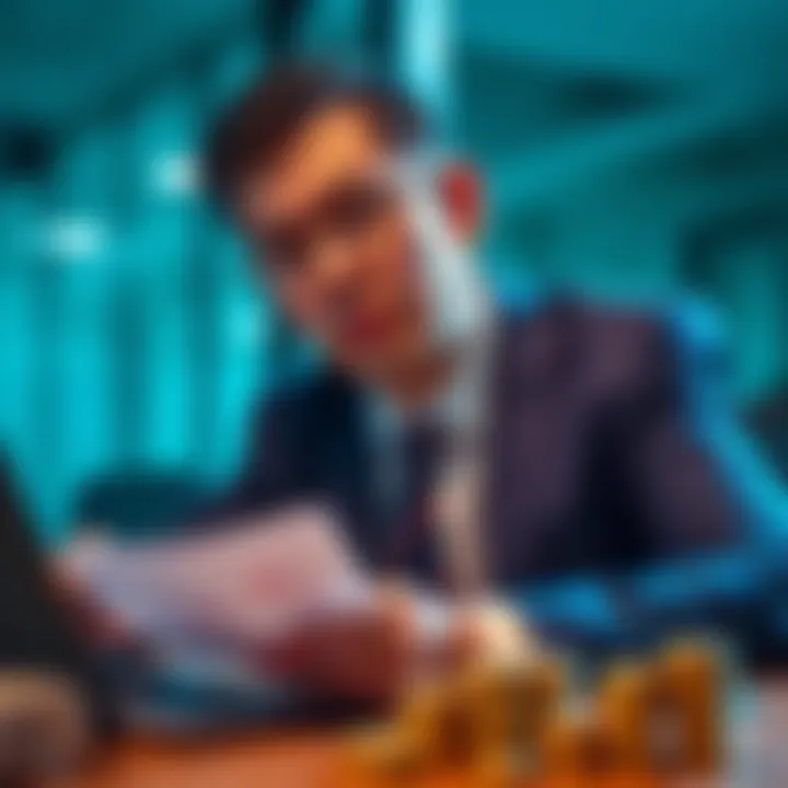 A businessman looks concerned while checking his bank statement as crypto coins are visible on his desk.