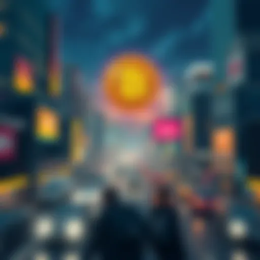 A bustling city with people rushing by, while a large Bitcoin symbol floats in the sky, representing its unnoticed rise in finance.