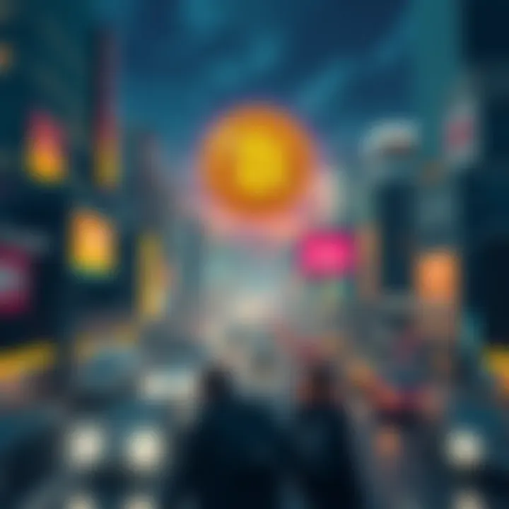 A bustling city with people rushing by, while a large Bitcoin symbol floats in the sky, representing its unnoticed rise in finance.