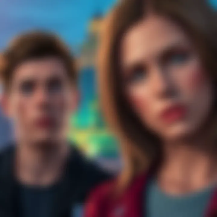 Vitalik Buterin looking surprised next to Masha Drokova, who appears confident, with a backdrop of a digital city representing Ethereum.